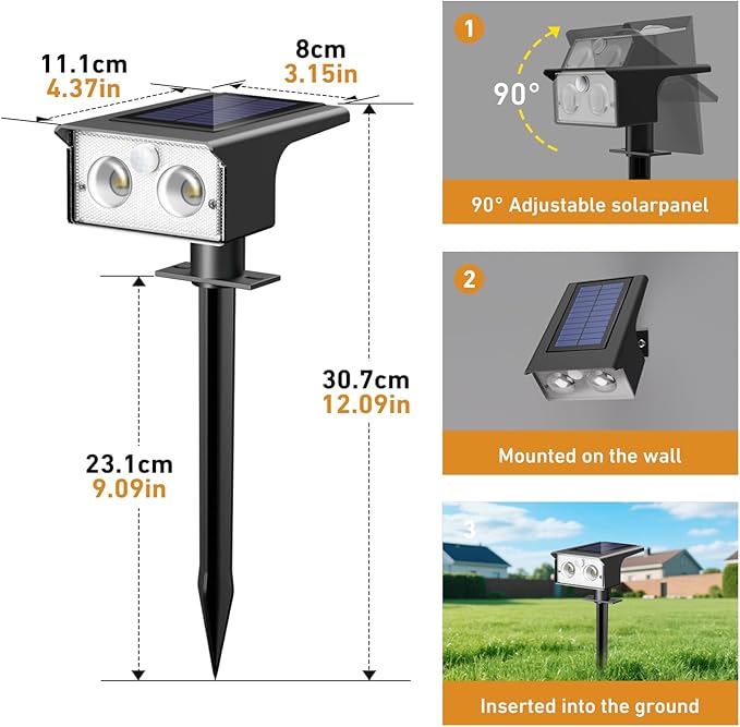btfarm Solar Spot Lights Outdoor Waterproof, 3 Modes Motion Sensor Lights, Solar Powered Spotlights 2-in-1 Auto On/Off for Outside Pathway Yard Garden Landscape Lighting, Cool White