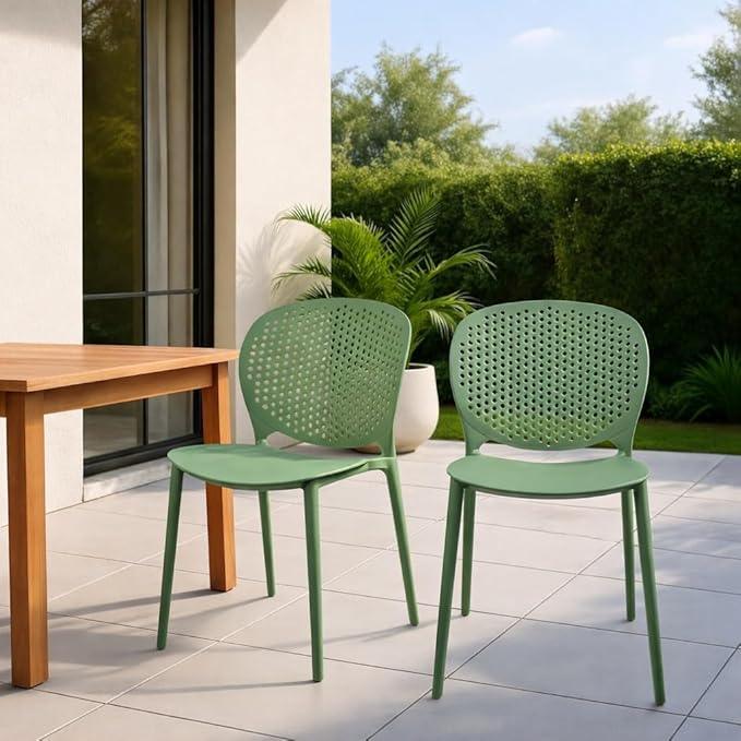 2xhome Set of 2 Patio Dining Chairs | Modern Stackable Outdoor Pool Side Chair | Weather Resistant Plastic for Yard, Porch, Balcony, Kitchen, Green