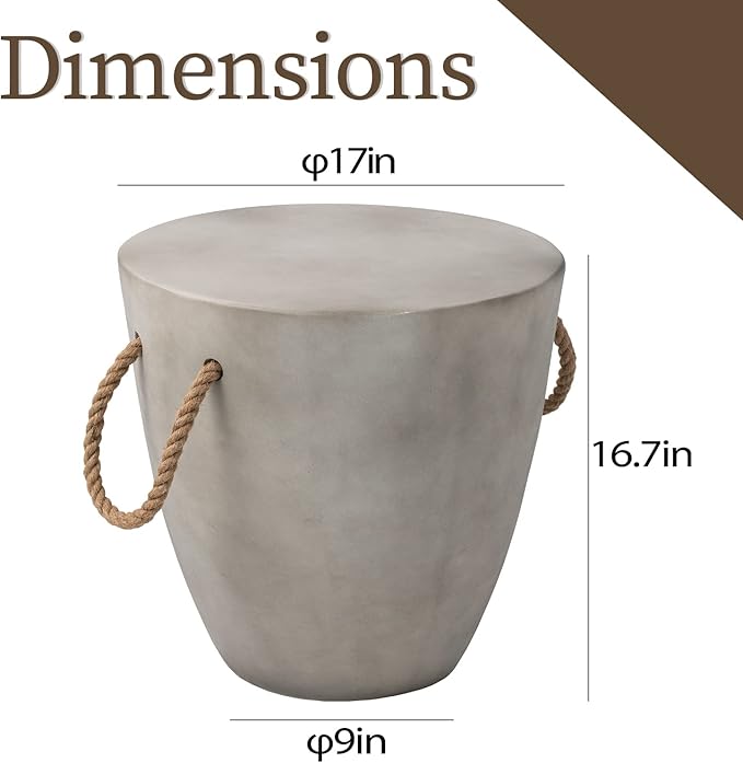 COSIEST Outdoor Shaped Side Table with Concrete Top & Hemp Rope Handles, 17'' Patio Accent Table for Garden