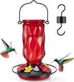 Kingsyard Glass Hummingbird Feeder for Outdoors Hanging, 20 oz Leak-Proof Wild Bird Nectar Feeders with 9 Bee Guard Ports & Ant Moat, Garden Yard Art Decor Gifts for Mom, Red