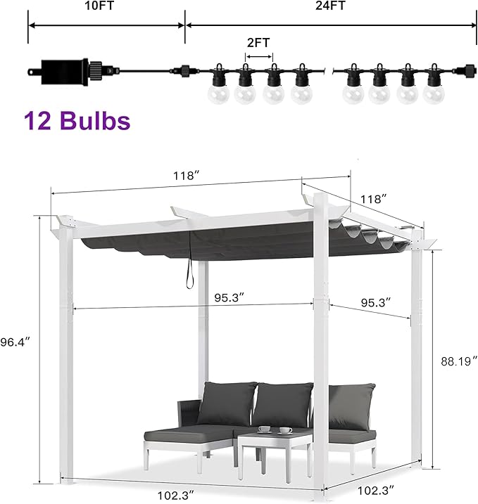PURPLE LEAF 10' x 13' Outdoor Retractable Pergola with Light Aluminum Patio White Pergolas with Double Sun Shade Canopy for Gardens Deck Backyard, Grey