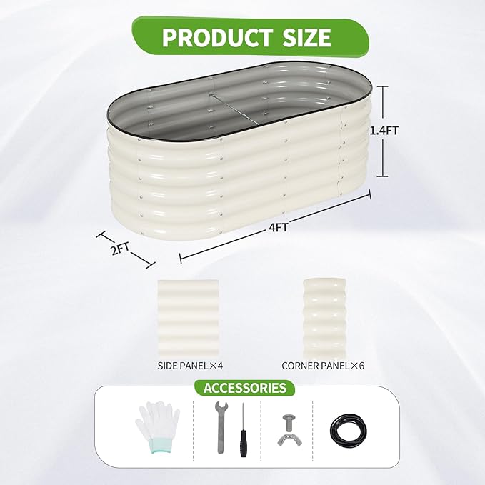 Galvanized Raised Garden Bed - 4x2x1.4FT Metal Planter Boxes Outdoor | Oval Steel Raised Bed Kit for Gardening with Protective Tape, Gloves for Vegetables, Flower, Herb (White)