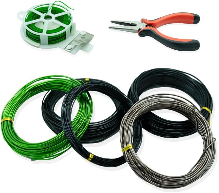 Bonsai Wire 7pcs-5 Rolls of Aluminum Bonsai Training Wire, Cutting Pliers and Plant Ties with Cutter 50 Meter Bonsai Tool Set, Adjustable Anodized Wire 1/1.5/2.0 mm for Bonsai Tree Training DIY Tools