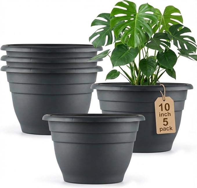 5 Pack 10 Inch Plant Pots for Indoor Outdoor,Plastic Floor Planters with Drainage Holes,Lightweight Flower Pots for Home,Patio & Garden(Grey)