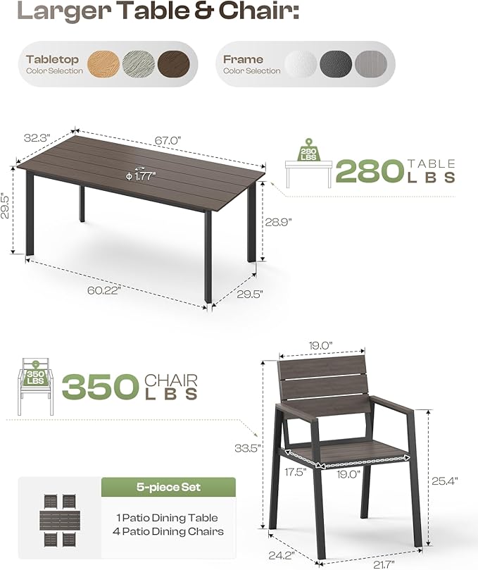 Outdoor Patio Dining Chairs Set of 2, 350LBS Capacity Aluminum Patio Dining Chairs with Armrests, Weather-Resistant for Lawn, Garden, Yard, Poolside and Indoor Use (Gray & Teak)
