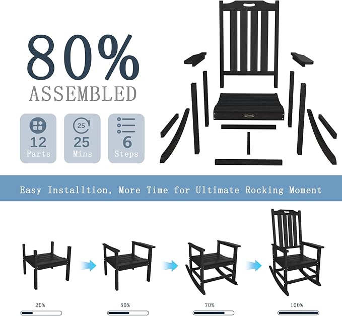 Oversized Rocking Chair Set of 8, Outdoor Rocking Chair for Adults, All Weather Resistant Porch Rocker for Lawn Garden, Black