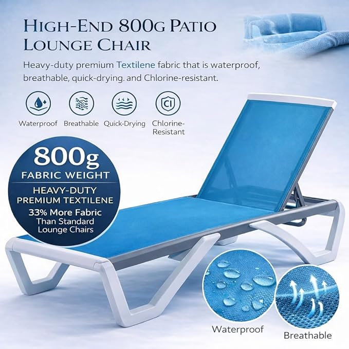Kozyard Outdoor Chaise Lounge Chair, Full Flat Adjustable Patio Lounger with Aluminum Frame & Resin Legs, Textilene Fabric for Poolside, Backyard & Beach (Aqua/WhiteFrame, 2Chairs + Table)