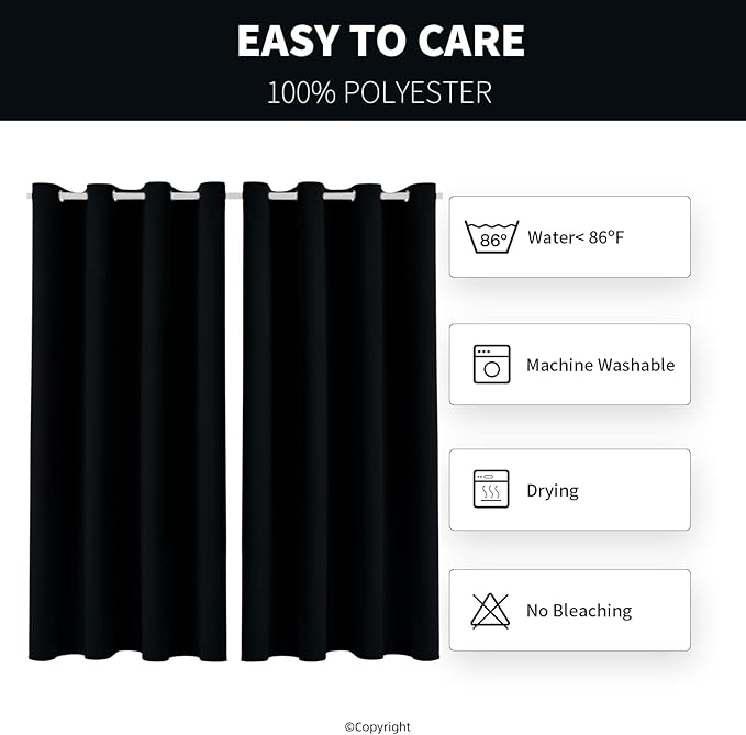 Waterproof Outdoor Curtain W52 x L84 - Grommet Top Sunlight Blocking Window Treatment Drapes Blackout Curtains for Home Bedroom Living Room Outdoor Patio Porch Pergola Cabana Gazebo (Black, 2 Panels)
