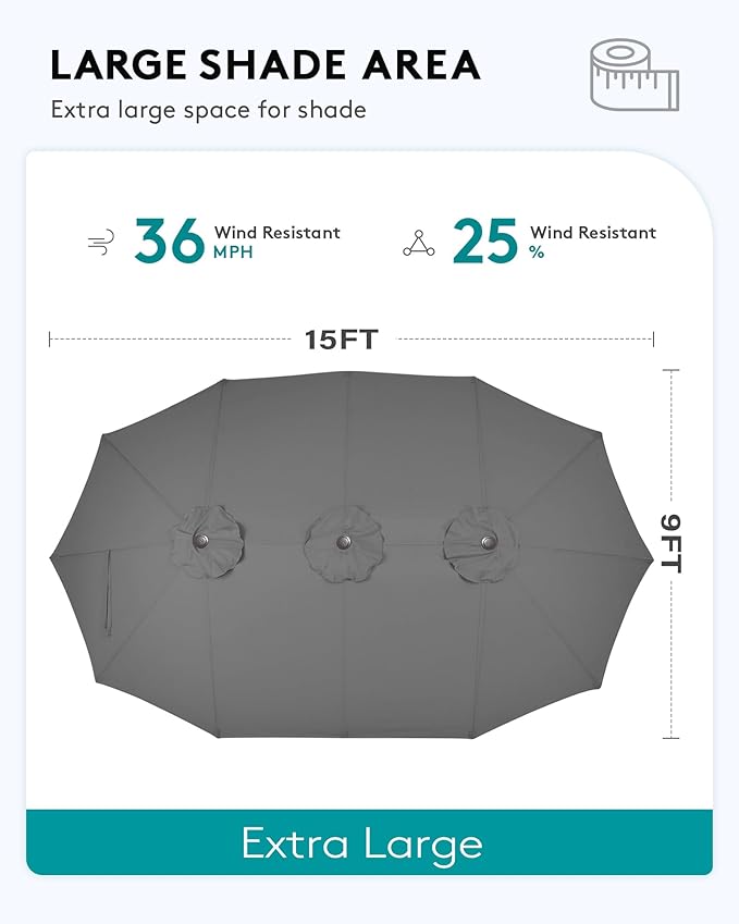 SERWALL 8-Piece Patio Dining Sets with 15FT Double Side Patio Umbrella, Outdoor HDPE Dining Furniture Set with Umbrella Hole Cut-Out Table and 6 Chairs, Gray（Umbreall Base not Included）