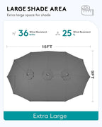 SERWALL 8-Piece Patio Dining Sets with 15FT Double Side Patio Umbrella, Outdoor HDPE Dining Furniture Set with Umbrella Hole Cut-Out Table and 6 Chairs, Gray（Umbreall Base not Included）