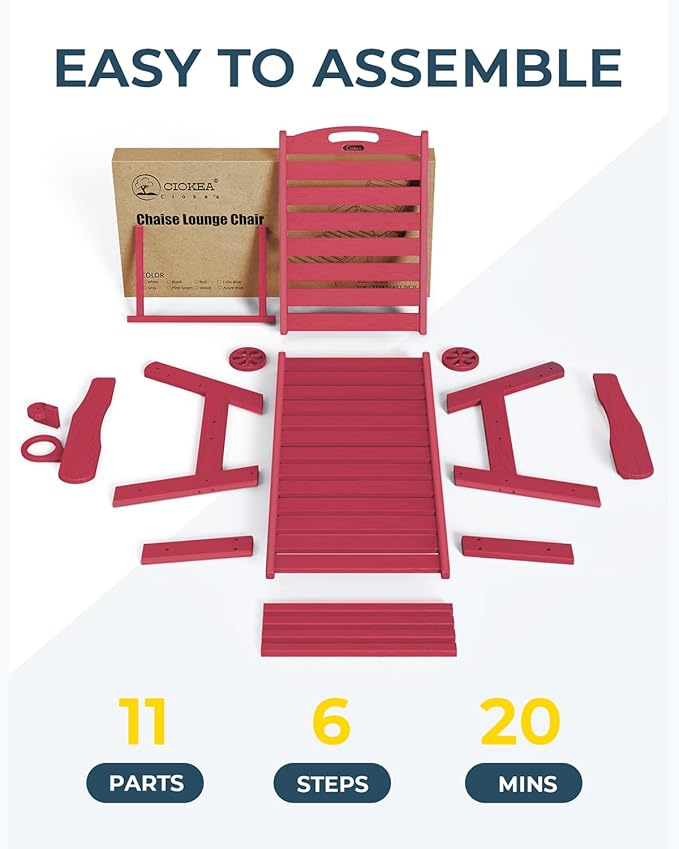 Outdoor Chaise Lounge Chair Set of 2, Patio Lounge Chairs for Outside, HDPE Lounge Chair with Wheels & Cup Holder, Poly Chair with 5 Position for Poolside, Deck, Red