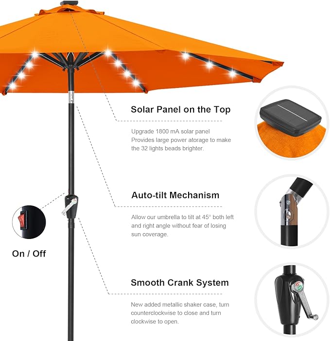 ABCCANOPY Durable Solar Led Patio Umbrellas with 32LED Lights 9FT (Orange)