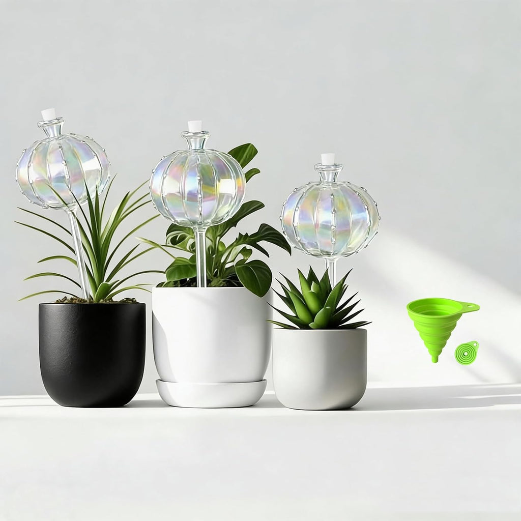 3 PCS Top-Fill Self Watering Globes, Automatic Plant Watering Devices, Transparent Self Watering Planter Insert, Durable Clear Glass Aqua Bulbs for Indoor, Cactus Shape, & Funnel