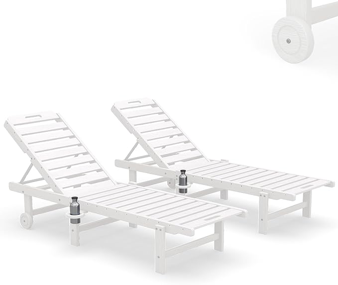 SERWALL Outdoor Chaise Lounge Set of 2, All-Weather HDPE Pool Lounge Chairs with 5-Position Adjustable Reclining Backrest, Rolling Wheels & Cup Holder for Poolside, White