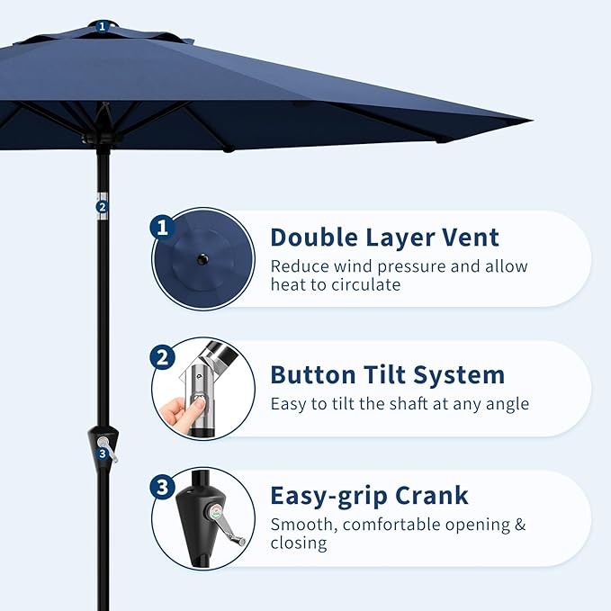 Garvee 9FT Patio Umbrella - Outdoor Table Umbrella with Smooth Crank Lift, Push Button Tilt and 8 Sturdy Ribs - Market Umbrella UV Protection Waterproof for Pool, Deck, Yard, Garden (Navy Blue)