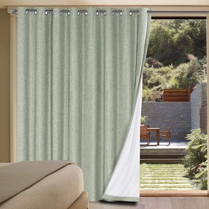 H.VERSAILTEX Linen Blackout Curtains Durable Thick Textured Linen Look 100% Blackout Patio Door Curtain Anti Rust Grommet Extra Wide Sliding Door Curtain Panel, W100 x L96 inch - Sage