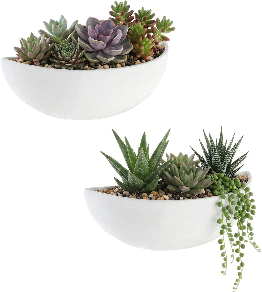 MyGift White Ceramic Wall Planters Half Bowl Hanging Vase Set of 2 | Half Bowl Shape, Space Saving Display, Easy Wall Décor, Plant Showcase, Contemporary Accent, Versatile Home Styling