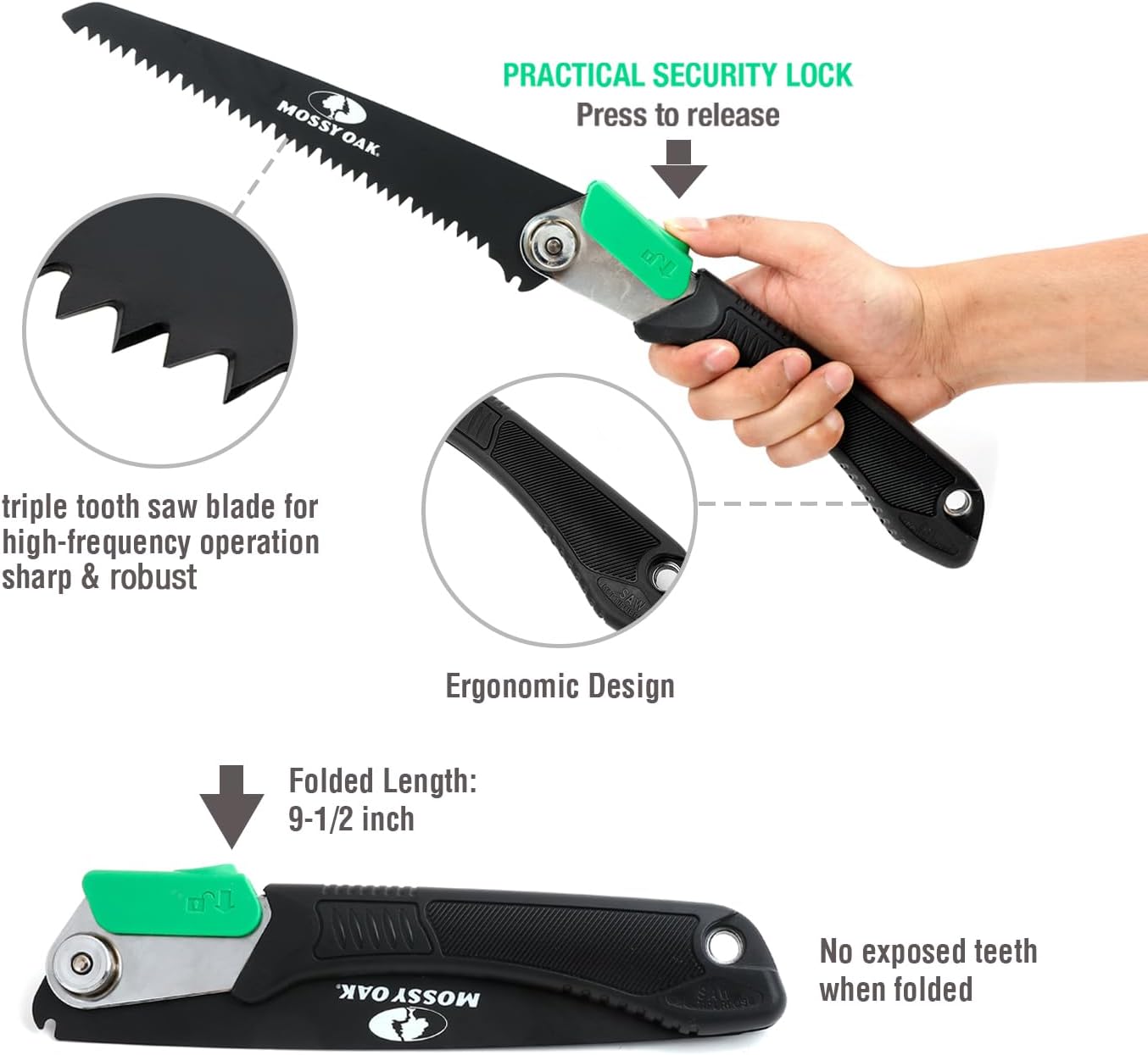 MOSSY OAK 3 in 1 Folding Saw, Pruning Hand Saw with Wood | Metal and PVC Blade, Camping Saw for Backpacking, Hunting and Bushcraft, Pouch Included