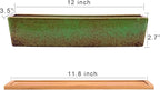Succulent Pots - Large Succulent Planter Pots with Drainage, 12 Inch Long Rectangle Bonsai Pot with Bamboo Tray Shallow Ceramic Cactus Flower Planter Window Box for Home Garden Decor (Green)