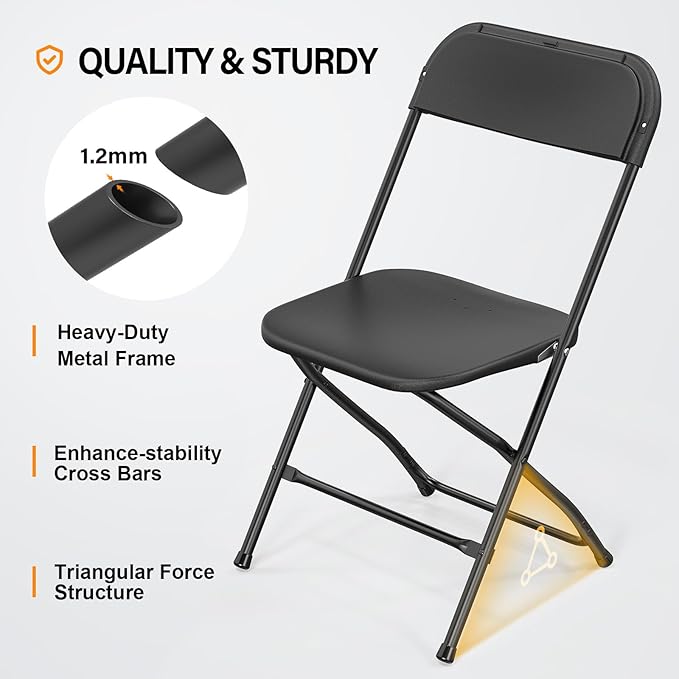 VINGLI 12 Pack Black Plastic Folding Chair, Indoor Outdoor Portable Stackable Commercial Seat with Steel Frame 350lb. Capacity for Events Office Wedding Party Picnic Kitchen Dining