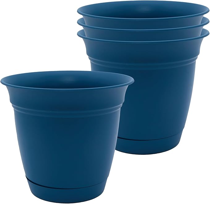 The HC Companies 8 Inch Eclipse Round Planter Pots with Drainage Holes & Attached Saucer, Lightweight UV-Resistant Plastic Indoor Outdoor Planters, 4-Pack Flower Pots for Garden & Home Decor, Peacock