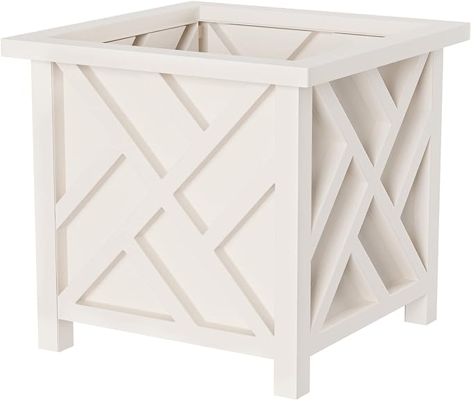 Lattice Design Outdoor Planter Box - 14.75” Square 13” Tall White Plant Pot - Decorative Plant Pots for Front Porch Decor - Flower Pots Outdoor Planters for Porch Patio or Garden Decor by Pure Garden