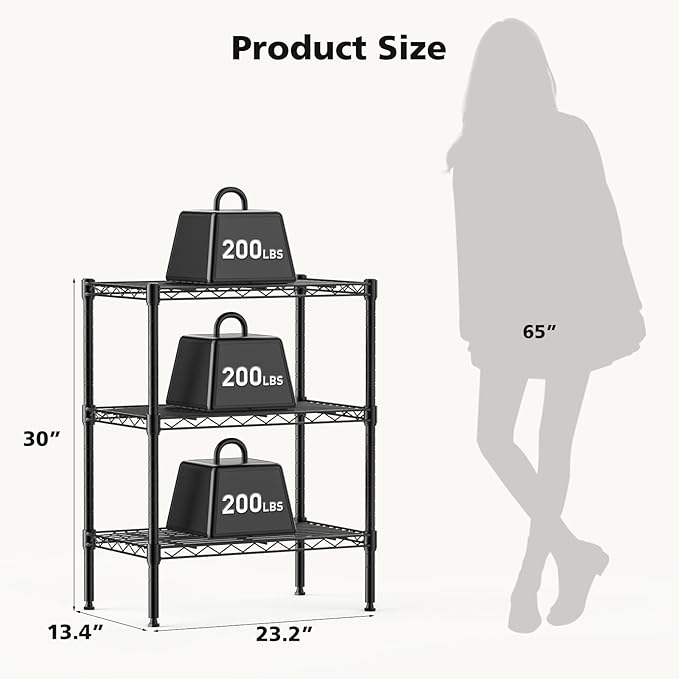 DUMOS 3-Tier Metal Wire Storage Shelves, Adjustable Standing Storage Rack Shelf, Heavy Duty Steel Shelving Unit Organizers for Kitchen Bathroom Pantry Garage, 23.2" W×13.4" D×30.3" H, Black