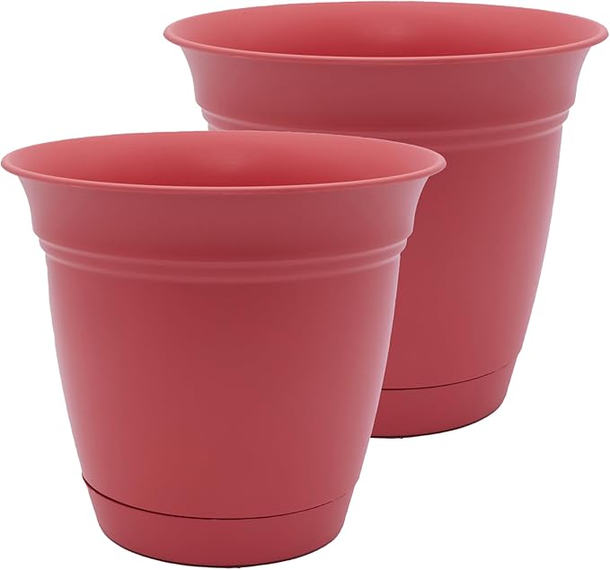 The HC Companies 20 Inch Eclipse Round Planter Pots with Drainage Holes & Attached Saucer, Lightweight UV-Resistant Plastic Indoor & Outdoor Planters, 2-Pack Flower Pots for Garden & Home Decor, Rose