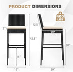 HAPPYGRILL Wicker Patio Barstools Set of 2, Outdoor Rattan Bar Chairs with Footrest & Backrest, Armless High Top Chairs with Seat Cushions for Backyard, Balcony
