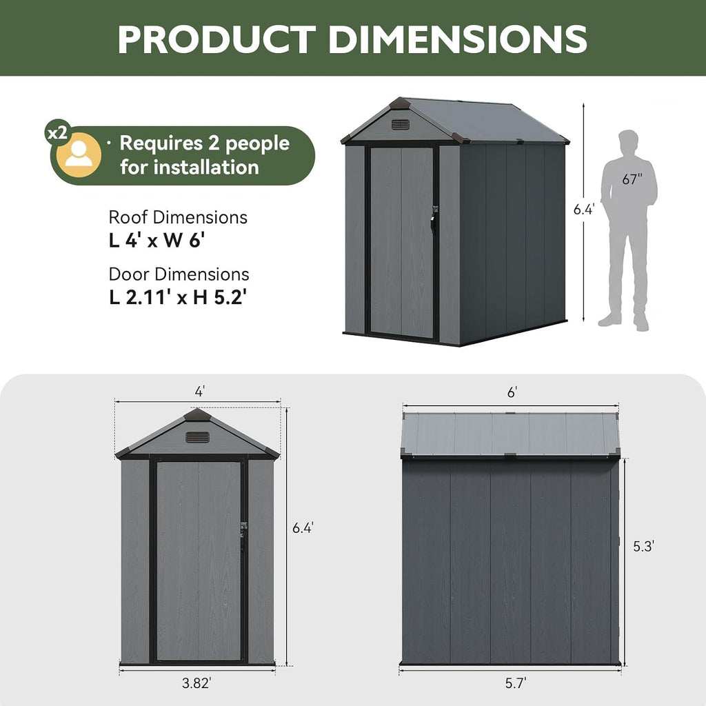 aoxun 4×6 ft all-weather resin storage shed, dark, front angle view
