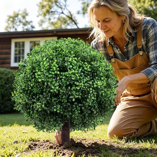 27.5" artificial boxwood topiary ball trees for outdoors showing dimensions
