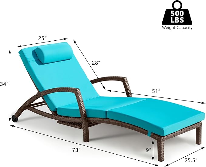 Chaise Lounge Chairs Outdoor Set of 2, Comfy Outside Wicker Patio Pool Lounge Chair w/ 5 Adjustable Back Angle, Cup Holder, Thicken Cushion