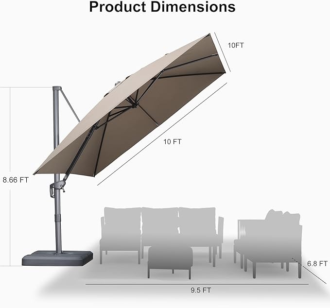 PURPLE LEAF Patio Umbrella 10' X 10' Rectangle Cantilever Umbrella Large Aluminum Outdoor Umbrellas with 360-degree Rotation & UPF40+ Premium Fabric for Deck Pool Garden Yard, Ash Mocha