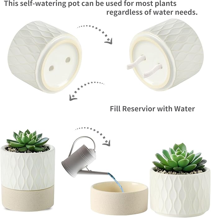 Nihow Self Watering Plant Pot for Indoor Plants: 6 Inch Ceramic Planter with Drainage Hole & Water Storage Plus - Cylinder Flower Pot with Wick for Herbs - Cream White & Brown Net