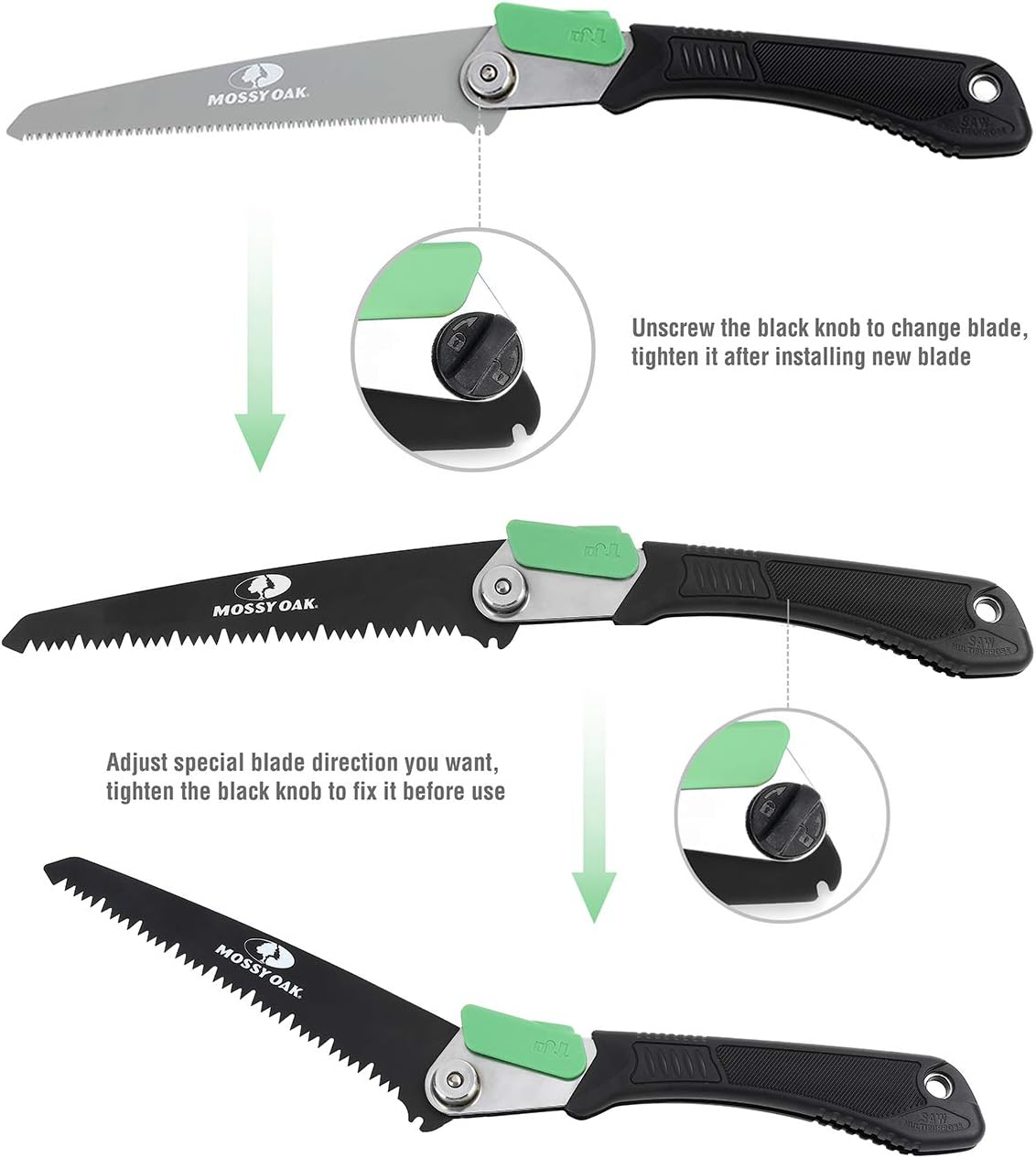 MOSSY OAK 3 in 1 Folding Saw, Pruning Hand Saw with Wood | Metal and PVC Blade, Camping Saw for Backpacking, Hunting and Bushcraft, Pouch Included