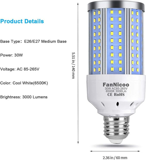 2-Pack 200W Equivalent LED Corn Light Bulb 3000 Lumen 6500K Cool White Daylight 30W LED Corn Lamp E26/E27 Medium Base for Indoor Outdoor Warehouse Garage Basement Backyard Factory Barn and Many Areas
