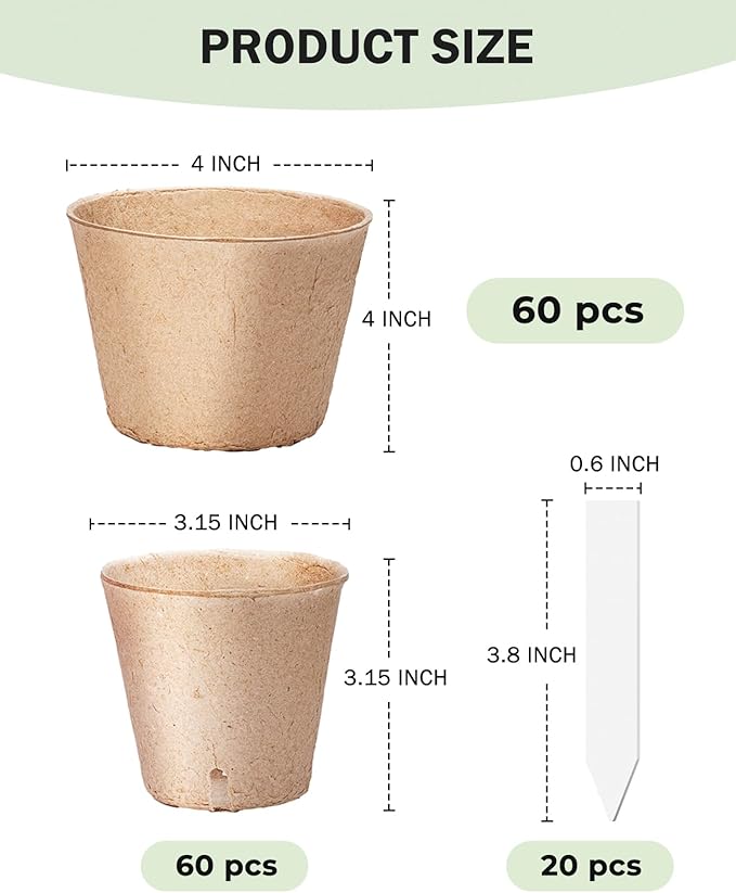 homenote Peat Pots, 3.15/4 Inch 120 Pcs Seed Starting Pots with Drainage Holes Round Nursery Plants Pots with Bonus 20 Plant Labels