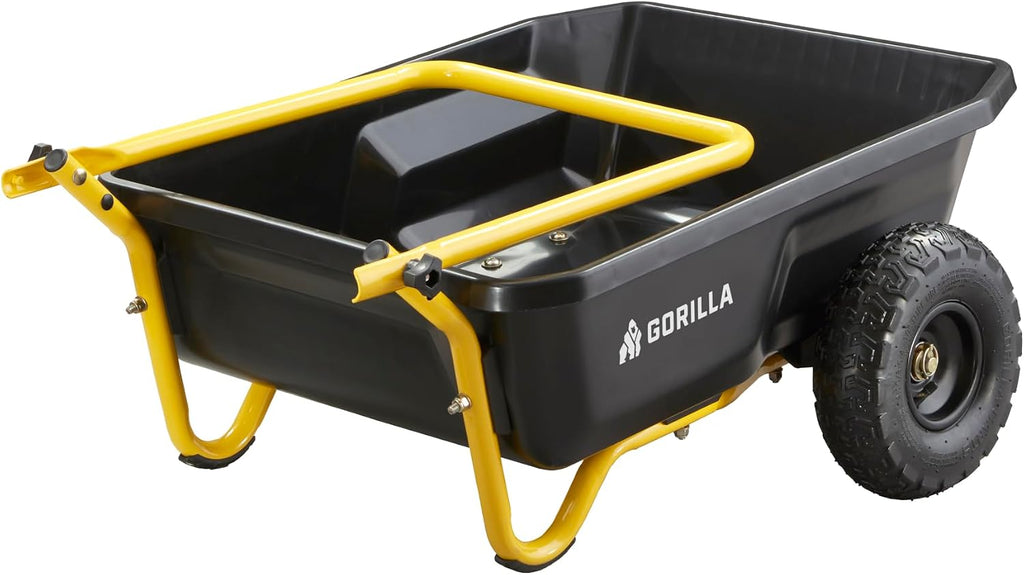 gorilla carts poly dump cart, 2-wheel garden wagon, front angle view
