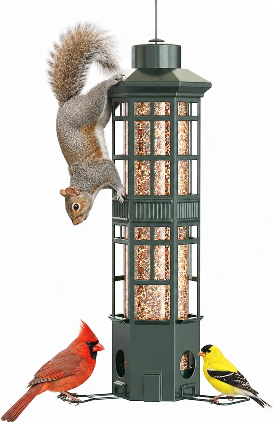 Metal Hanging Squirrel Proof Bird Feeders, Gravity Spring Closure System, Chew Resistant, Large Capacity, Weatherproof Bird Feeders for Outdoors, Olive Green