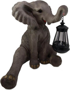 Ebros Safari Savanna Wildlife Animal Melee Adorable Pachy Elephant Statue Home Patio Decor Figurine with Solar LED Light Lantern Lamp 13.75" H Guest Greeter Courtesy Light Path Lighter Sculpture
