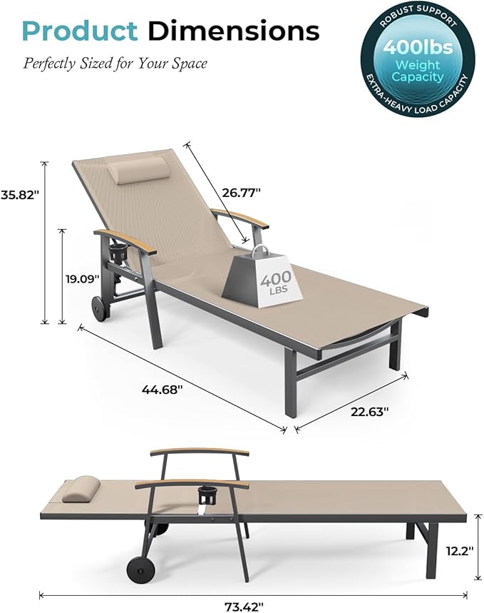 Ciokea Outdoor Lounge Chair with Pillow Set of 4, 5-Position Chaise Lounge with Wheels & Armrests, 400 lbs Heavy Duty Aluminum Pool Lounge Chairs, for Beach, Deck, Poolside & Backyard, Khaki