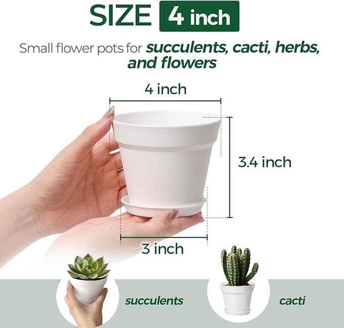T4U 4 Inch Plant Pots 18-Pack, Small Flower Pots with Saucer and Drainage Hole, Durable Plastic Pots, Nursery Small Flower Pot Bulk for Plants, Succulent, Violet, Decorative (18 Pack 4" Pot, White)