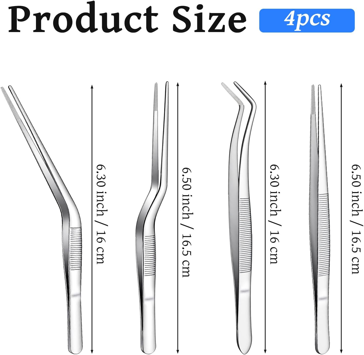 4Pcs Stainless Steel Tweezers Set for Small Garden Kitchen | 6.3″ / 6.5″ Straight & Curved Tip Precision Food Succulent Tweezers Multi-Purpose Tweezer Set Tools for Indoors and Outdoors