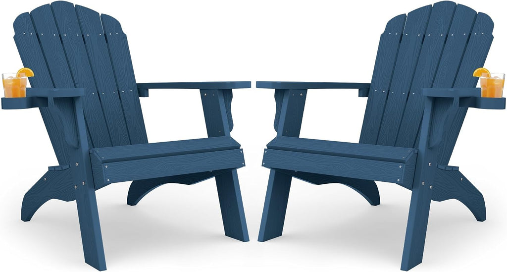 YEFU Oversized Adirondack Chair Set of 2 with Cup-Holder- Navy Blue | Heavy Duty Poly Lumber Outdoor Fire Pit Chair, Weather Resistant, Plastic Chair for Patio, Lawn, Deck, Weight Capacity 450lbs