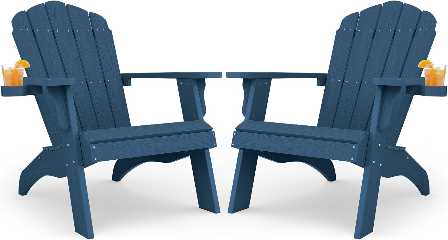 YEFU Oversized Adirondack Chair Set of 2 with Cup-Holder- Navy Blue | Heavy Duty Poly Lumber Outdoor Fire Pit Chair, Weather Resistant, Plastic Chair for Patio, Lawn, Deck, Weight Capacity 450lbs