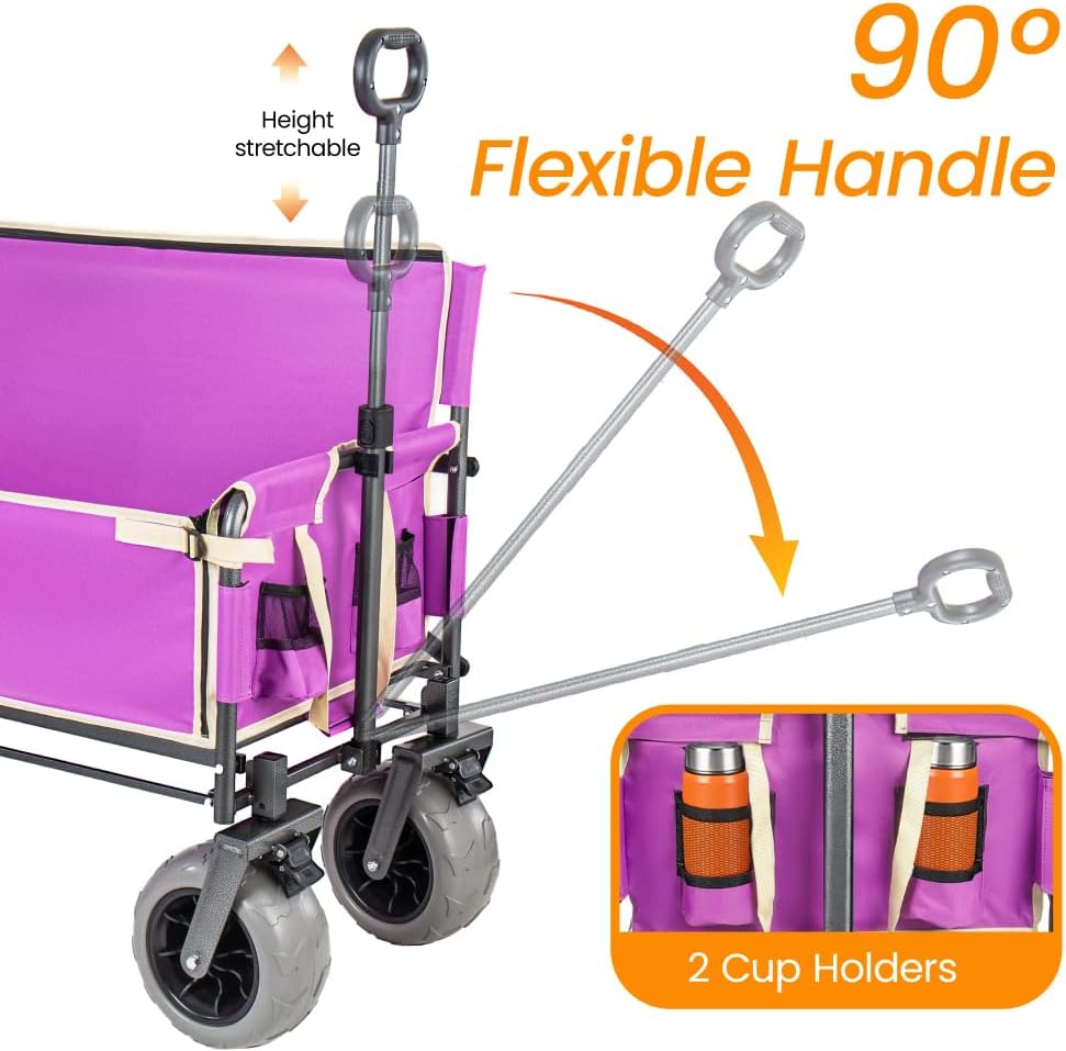 Collapsible 3-in-1 Wagon Converts To Bench, Includes Rear-Mounted Folding Tabletop, Heavy-Duty 500-lb Capacity, 180L Storage for Camping, Beach, Fishing - Purple