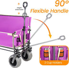 Collapsible 3-in-1 Wagon Converts To Bench, Includes Rear-Mounted Folding Tabletop, Heavy-Duty 500-lb Capacity, 180L Storage for Camping, Beach, Fishing - Purple