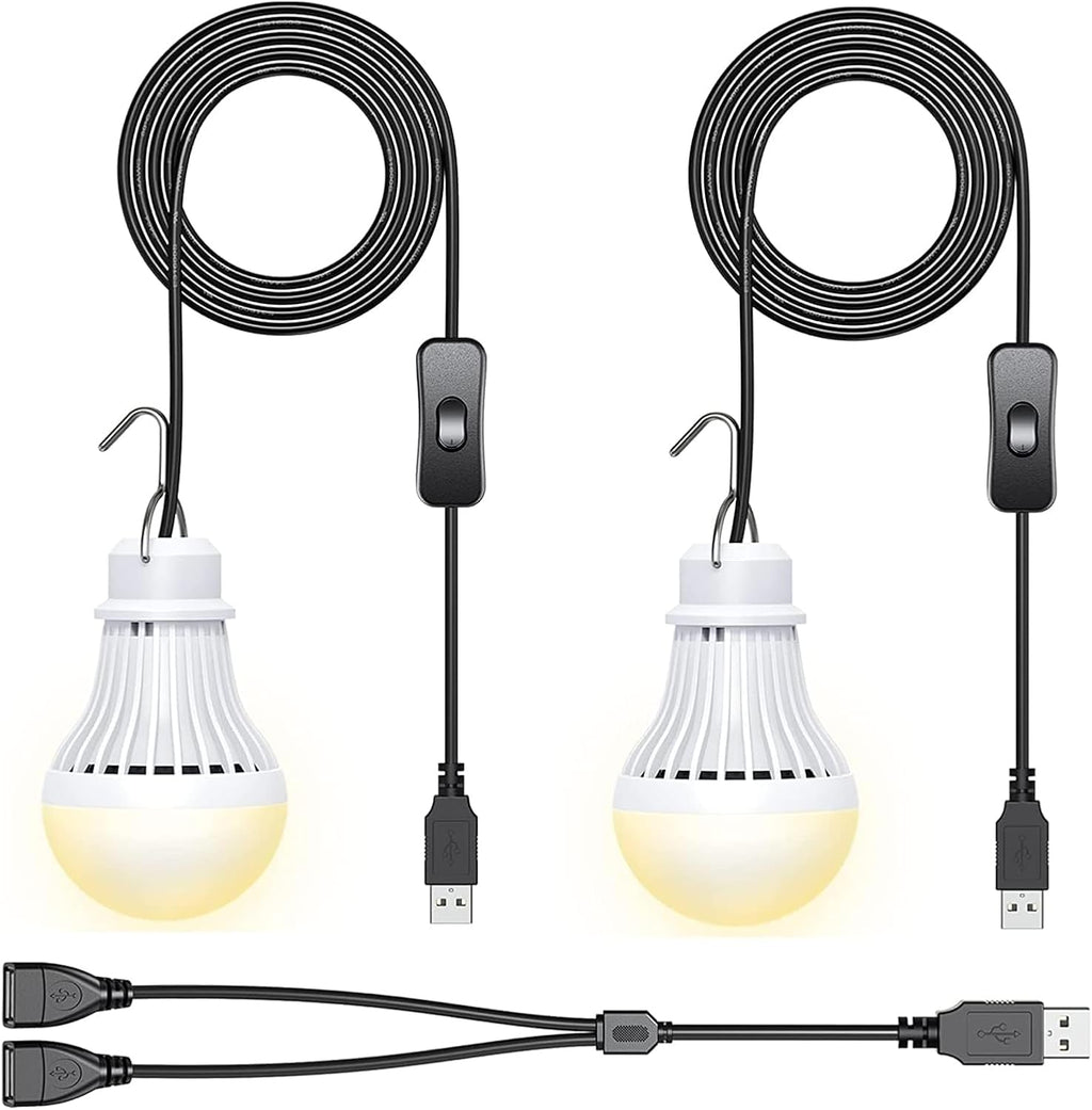 2 Pack USB LED Camping Lantern, 8.2 ft Extra Length Cord Tent Light with USB Y-Cable, Portable LED Bulb for Garage, Warehouse, Car, Truck, Fishing Boat, Room, Emergency Light, Warm
