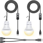 2 Pack USB LED Camping Lantern, 8.2 ft Extra Length Cord Tent Light with USB Y-Cable, Portable LED Bulb for Garage, Warehouse, Car, Truck, Fishing Boat, Room, Emergency Light, Warm