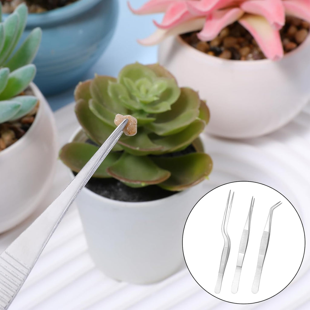 Garden Tweezers, 3 Pcs Stainless Steel Plant Tweezer Set Straight and Curved Precision Tweezers Multipurpose Bonsai Tools for Garden, Kitchen, Indoors and Outdoors (6.22Inch / 6.33Inch / 6.4Inch)